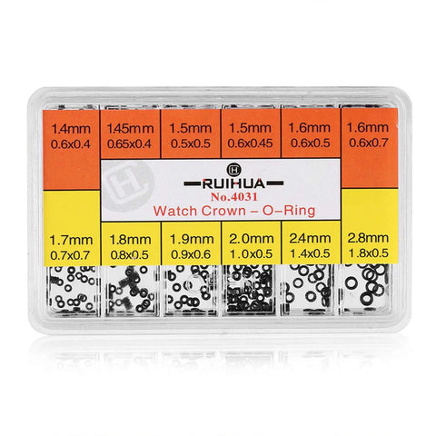 Watch Crown O Rings Seals Repair Kit With 12 Sizes For Waterproofing Your Timepiece Keeping It Splash Proof And Ready For Daily Wear Easy Fixes For Leaks And Water Resistance in plastic case with sizes labeled.