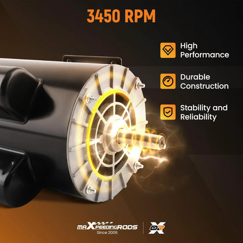Front view of maXpeedingrods 5HP SPL air compressor motor, 56 frame, 3450 RPM, 230V, 5/8-inch keyed shaft, CCW