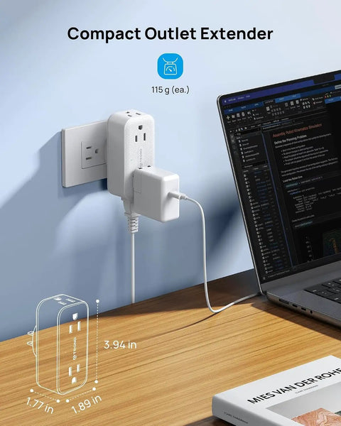 Super Sleek 4 Outlet Surge Protector With 360 Rotating Head And Space Saving Design White Power Strip Extender in use on desk.