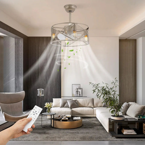 Ceiling Fan with Light with Handheld Controller, 3-Blade Caged Fan, Iron in modern living room with remote control.