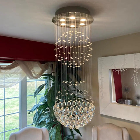 6 Light Crystal Chandelier For Dining Room And Living Room, crystal ball rain drop flush mount ceiling light fixture