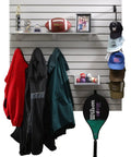EasyWall Slatwall Kit Light Gray DIY Friendly One Person Install With Level And Cordless Screwdriver Expandable With Additional Kits Configurable Garage Storage System Made In USA installed with jackets, hats, and sports gear organized