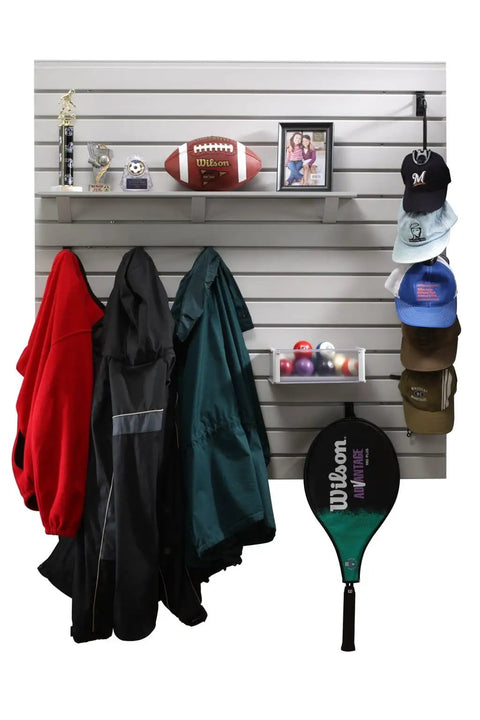 EasyWall Slatwall Kit Light Gray DIY Friendly One Person Install With Level And Cordless Screwdriver Expandable With Additional Kits Configurable Garage Storage System Made In USA installed with jackets, hats, and sports gear organized