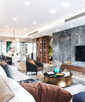 Modern living room with 12 Pack 6 Inch Ultra Thin LED Recessed Ceiling Light With Junction Box, 5000K Daylight, 12W Eqv 110W, dimmable downlights