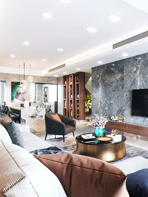 Modern living room with 12 Pack 6 Inch Ultra Thin LED Recessed Ceiling Light With Junction Box, 5000K Daylight, 12W Eqv 110W, dimmable downlights