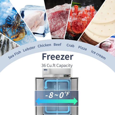 Heavy Duty Commercial Freezer Double Door Reach In 36 Cu Ft Premium Stainless Steel showcasing various frozen foods.