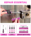 Using Pink 40 Piece Home Go-To DIY Tool Set With Plastic Toolbox Case Chrome Vanadium Hand Tools to repair a lock