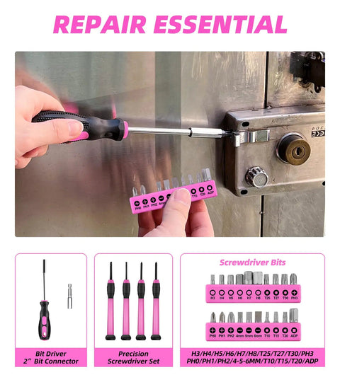 Using Pink 40 Piece Home Go-To DIY Tool Set With Plastic Toolbox Case Chrome Vanadium Hand Tools to repair a lock
