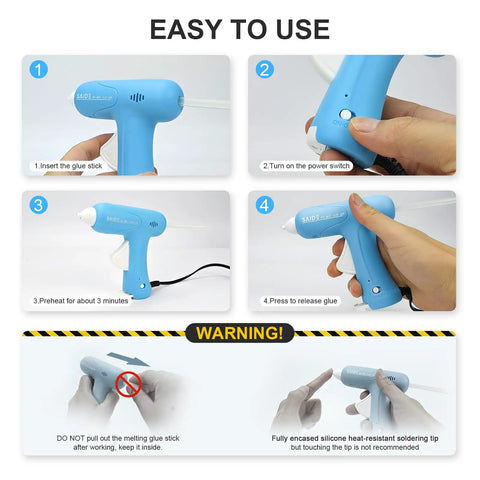 Fast Heating Mini Hot Glue Gun Kit With Anti Scald Nozzle, instructions for use, blue color, includes 30 glue sticks for DIY projects