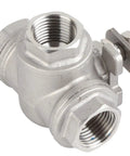 304 Stainless Steel Three Way Ball Valve One Half Inch Female Thread, rugged design for industrial plumbing applications.