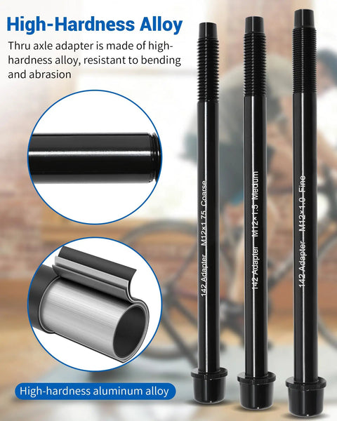 Three high-hardness aluminum 12x142 Thru Axle Adapters for Wahoo KICKR SNAP Bike Trainer, showing different thread options.