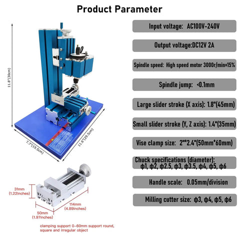 Garage Ready Mini Metal Milling Machine With Benchtop Lathe And Slick Precision Vise For 3000 Rpm No Bull DIY setup showing dimensions and specifications.