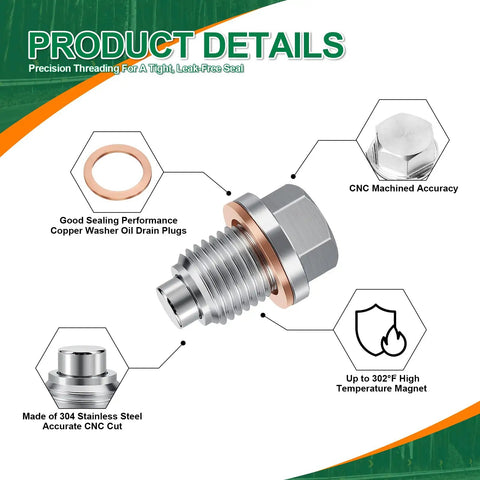Magnetic M14 x 1.5 Oil Drain Plug Set with stainless steel pan nut and washers, CNC machined for Ford GM Honda Hyundai Kia
