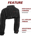 Heavy Duty Welding Cape Sleeve Made From Tough Split Cowhide Leather Flame Resistant Welder Jacket showing adjustable cuffs and Kevlar thread.