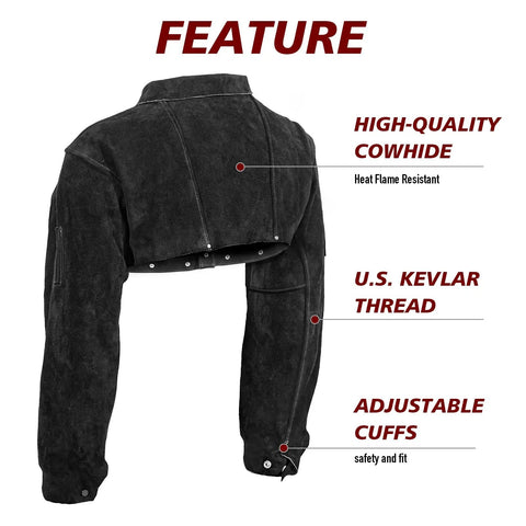 Heavy Duty Welding Cape Sleeve Made From Tough Split Cowhide Leather Flame Resistant Welder Jacket showing adjustable cuffs and Kevlar thread.
