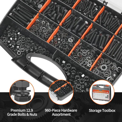 Badass Heavy Duty 12.9 Grade Metric Hex Bolt And Nut Assortment Kit With Rugged Spring And Flat Washers 960 Piece Pro Level Hardware Set organized in a storage toolbox.