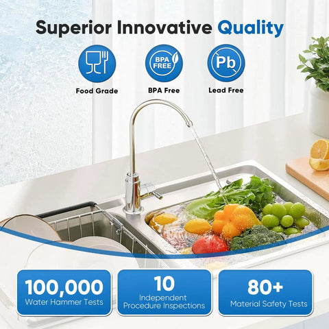 Under Sink Water Filter Replacement For WFS5300A Ultra High Capacity, 22,000 Gallons, shown installed with fresh vegetables.