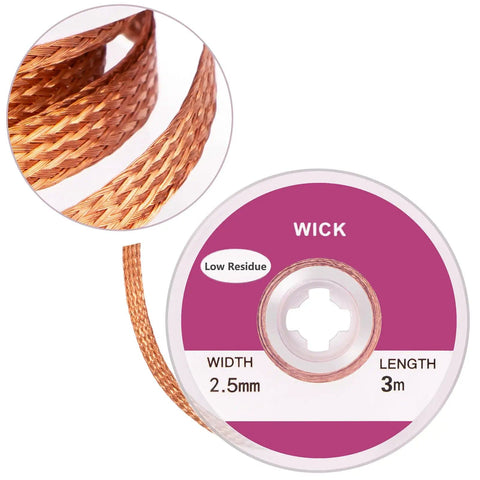 Pro Grade No Clean Braided Desoldering Wick For Solder Removal, Copper Wire Wick, 0.1 Inch Width By 3 Meter Length, detail view