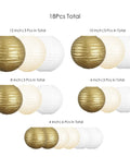 18 Piece Metallic Gold Paper Lantern Set For Weddings And Parties Assorted 8 10 And 12 Inch Sizes gold, cream, ivory, white lanterns