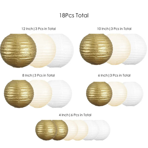 18 Piece Metallic Gold Paper Lantern Set For Weddings And Parties Assorted 8 10 And 12 Inch Sizes gold, cream, ivory, white lanterns