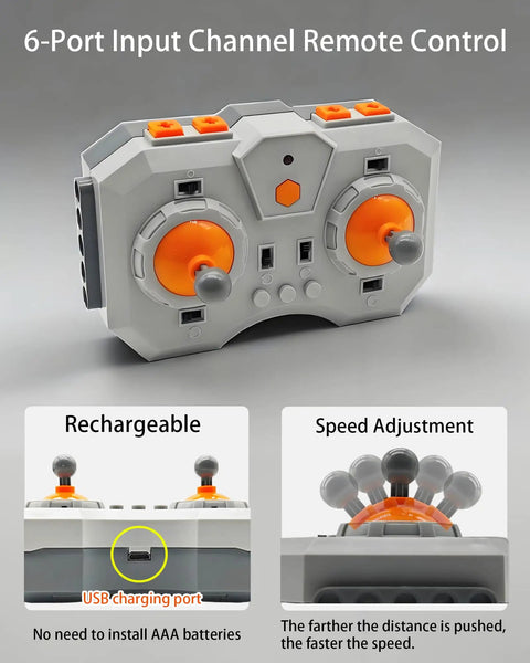 Power Functions RC Kit For Technic Builds, 6 channel rechargeable remote with lithium battery box featuring adjustable speed