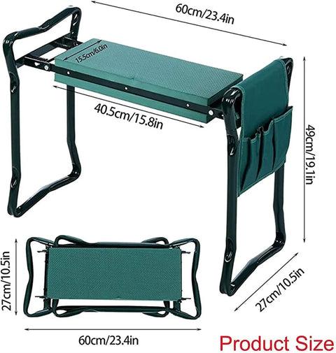 Garden Kneeler And Seat Heavy Duty Folding Bench With Thick Kneeling Pad And Removable Tool Pouch For Outdoor Lawn Care Rest Your Knees And Save Your Back shown with dimensions