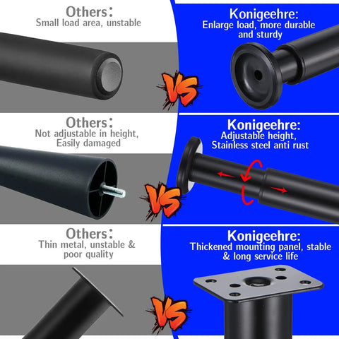Comparison of furniture leg quality, highlighting Heavy Duty Adjustable Furniture Legs, Thick Metal Cabinet Feet, Easy Height Tweaks From 4.7 To 7.4 Inches For Beds Couches And Tables, Built Different With Rock Solid Steel Support.