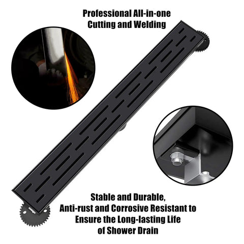 Black Linear Shower Drain 24 Inch Rectangular Floor Drain With Brick Pattern Cover for modern bathrooms, cutting and welding