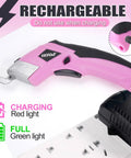 3.7V Cordless Electric Scissors Fast Cutting Fabric Cutter For Carpets Cardboard Leather With Dual Blades And Charging Cable Perfect DIY Sewing Tool Lightweight Handheld Design Easy To Use Powerhouse Pink showing charging indicator