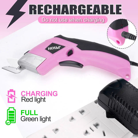 3.7V Cordless Electric Scissors Fast Cutting Fabric Cutter For Carpets Cardboard Leather With Dual Blades And Charging Cable Perfect DIY Sewing Tool Lightweight Handheld Design Easy To Use Powerhouse Pink showing charging indicator