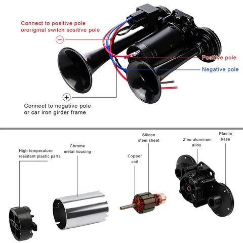 Dead Loud 12V Dual Trumpet Air Horn Kit With Compressor Fits Cars Trucks And Boats Dropping An Insane 120 Decibel Blast For Heavy Duty Warning Calls Keeping Drivers Safe Wherever You Roll Black with wiring connections and components.