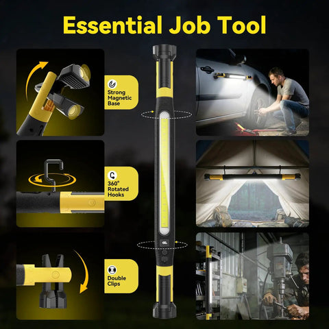 Magnetic Rechargeable Work Light 3000LM LED Light Bar With 5200mAh Battery featuring magnetic base, rotatable hooks, and double clips.