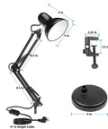 Metal Desk Lamp With Adjustable Arm And Clamp, 18 Inch Extension, Black Finish, UL Listed, Two Way Mount, measurements shown