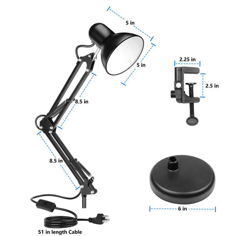 Metal Desk Lamp With Adjustable Arm And Clamp, 18 Inch Extension, Black Finish, UL Listed, Two Way Mount, measurements shown