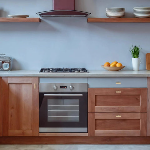 Modern kitchen with brown cabinets featuring Set Of 30 Solid Single Hole Slim Square Bar Cabinet Pulls In Champagne Bronze Finish.