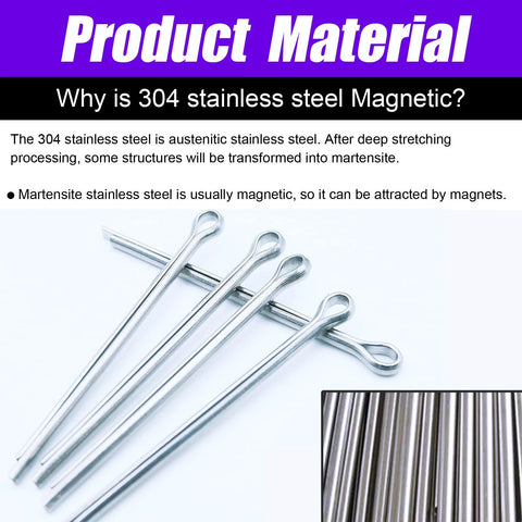 Cotter pins (split pins) front view; 304 stainless steel, 360-piece 6-size assortment kit