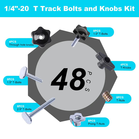 Image of One Quarter Inch T Track Bolts And Knobs Kit with 1/4"-20 T-bolts, star knobs, and pronged T-nuts, 48-piece hardware set.