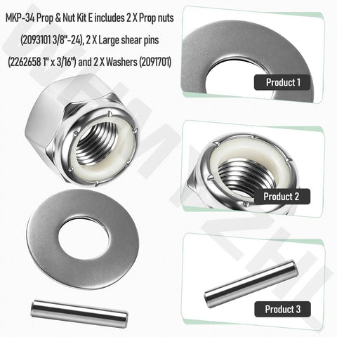 MKP-34 Prop Nut Kit for Minn Kota trolling motors, showing steel prop nuts, shear pins, washers, compatible with MKP-33/38.