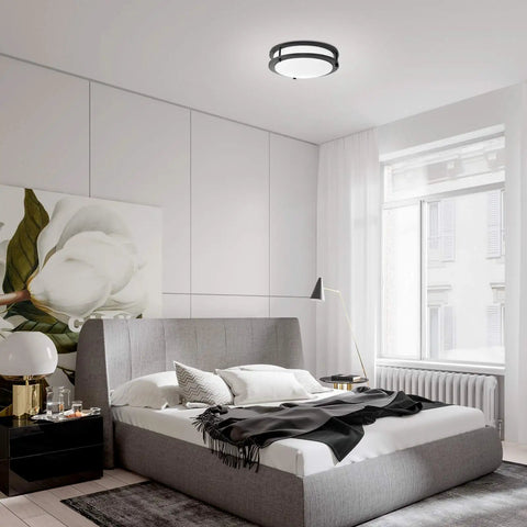 Spacious bedroom with 12 Inch LED Ceiling Light Fixture Dimmable 20W Flush Mount With Three Color Temperatures 3000K 4000K 5000K Black ETL Listed