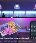 Group control feature of Four Pack A19 Color Changing Smart Bulbs 800 Lumens 7.5W 60W Eq E26 via smartphone in a lit room.
