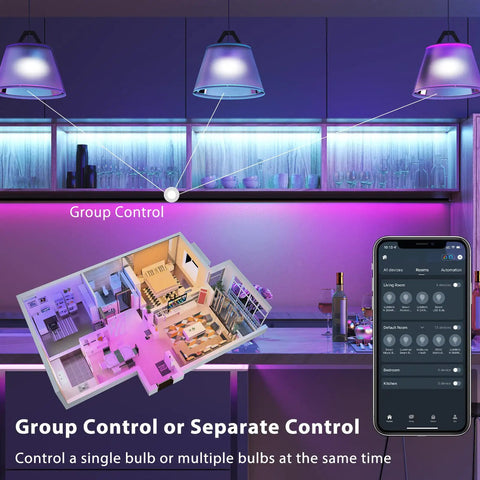 Group control feature of Four Pack A19 Color Changing Smart Bulbs 800 Lumens 7.5W 60W Eq E26 via smartphone in a lit room.