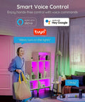 Woman using Ultra Long 100 Ft LED Strip Lights With Alexa And Google Assistant Music Sync Tuya App Remote Control Dreamy Bedroom Ambiance.