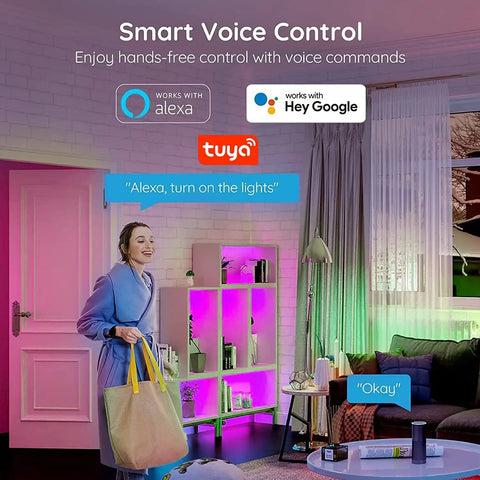 Woman using Ultra Long 100 Ft LED Strip Lights With Alexa And Google Assistant Music Sync Tuya App Remote Control Dreamy Bedroom Ambiance.