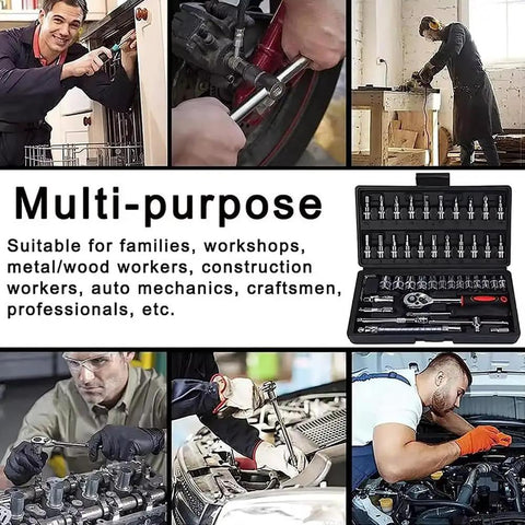 46 Piece One Quarter Inch Drive Socket Wrench Set With Pro Grade 72 Tooth Ratchet Chrome Vanadium Steel Tools in use by mechanics