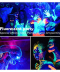 Fluorescent party with UV lighting showing people with glowing body art, special effects, and vibrant colors.