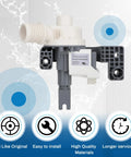 Washer drain pump assembly (front view) in white/gray plastic; inlet hose; fits Whirlpool/Maytag/Kenmore/Crosley.