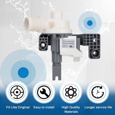 Washer drain pump assembly (front view) in white/gray plastic; inlet hose; fits Whirlpool/Maytag/Kenmore/Crosley.