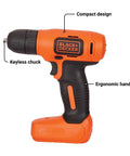 Eight Volt Max Cordless Drill With Forty Three Piece Home Decor Project Kit Including Level And Bits And Fasteners For Drilling Decorating And DIY Tasks Compact Lightweight Design Ergonomic Handle Keyless Chuck Micro USB orange side view