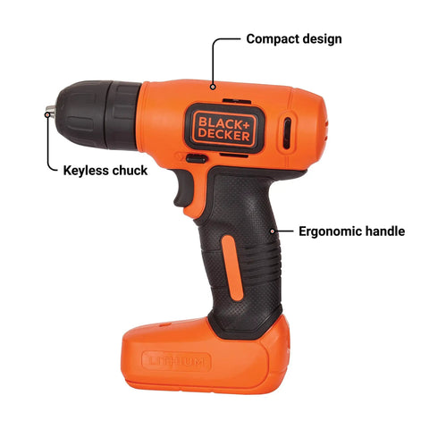 Eight Volt Max Cordless Drill With Forty Three Piece Home Decor Project Kit Including Level And Bits And Fasteners For Drilling Decorating And DIY Tasks Compact Lightweight Design Ergonomic Handle Keyless Chuck Micro USB orange side view
