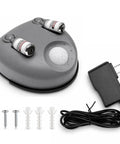 Dual Laser Garage Parking Assist With 360 Degree Adjustable Sensors And Motion Activated Laser Guide, gray unit with sensors and power adapter.